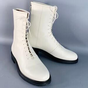 LEGRES Size 11 White Leathre Lace-Up Zipper Ankle Boots